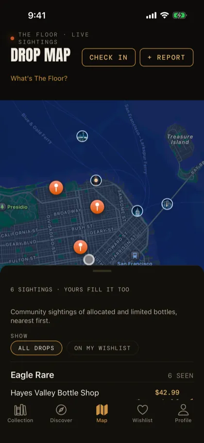 The Drop Map: a city map with pins where collectors have reported bottles, and underneath it the list of sightings with the store and the price.