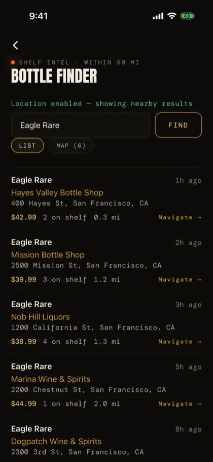 Bottle Finder: a search for Eagle Rare listing nearby stores, each with the price, how many are on the shelf, the distance and a Navigate link.