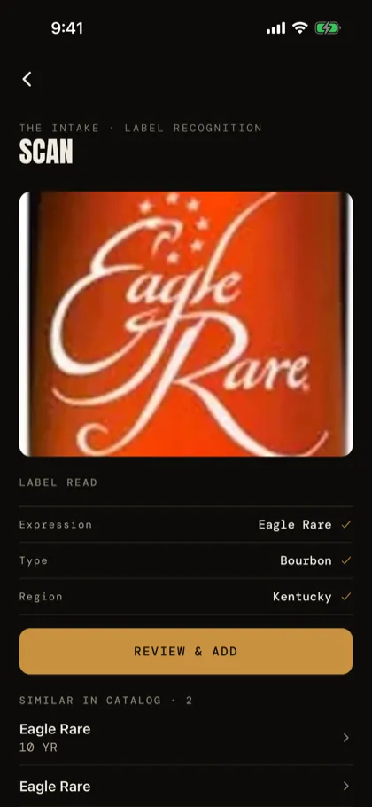 Scan: a photographed label read as Eagle Rare, Bourbon, Kentucky, each line ticked, above a Review and Add button.