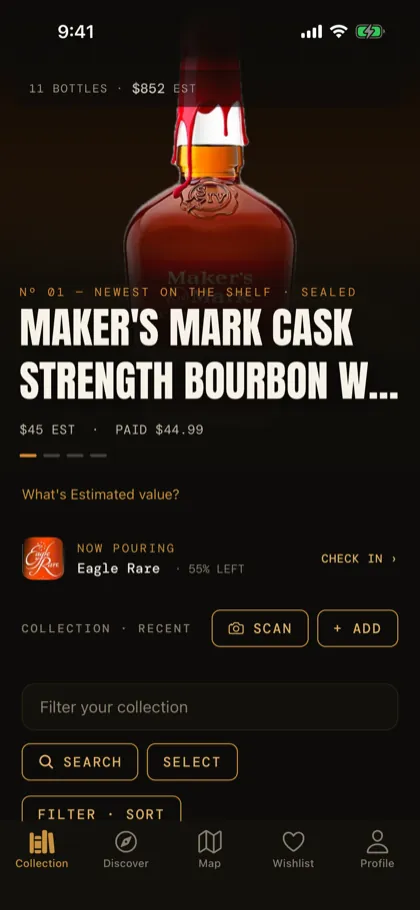 The Collection tab: the bottles on your shelf, each with its status, how much is left in it and what you paid.